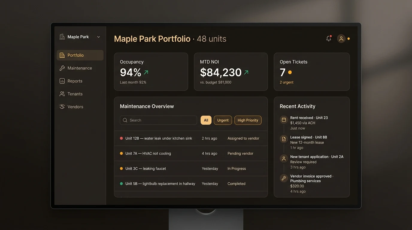 Plexd dashboard — multifamily portfolio with maintenance triage, NOI tracking, and recent activity feed